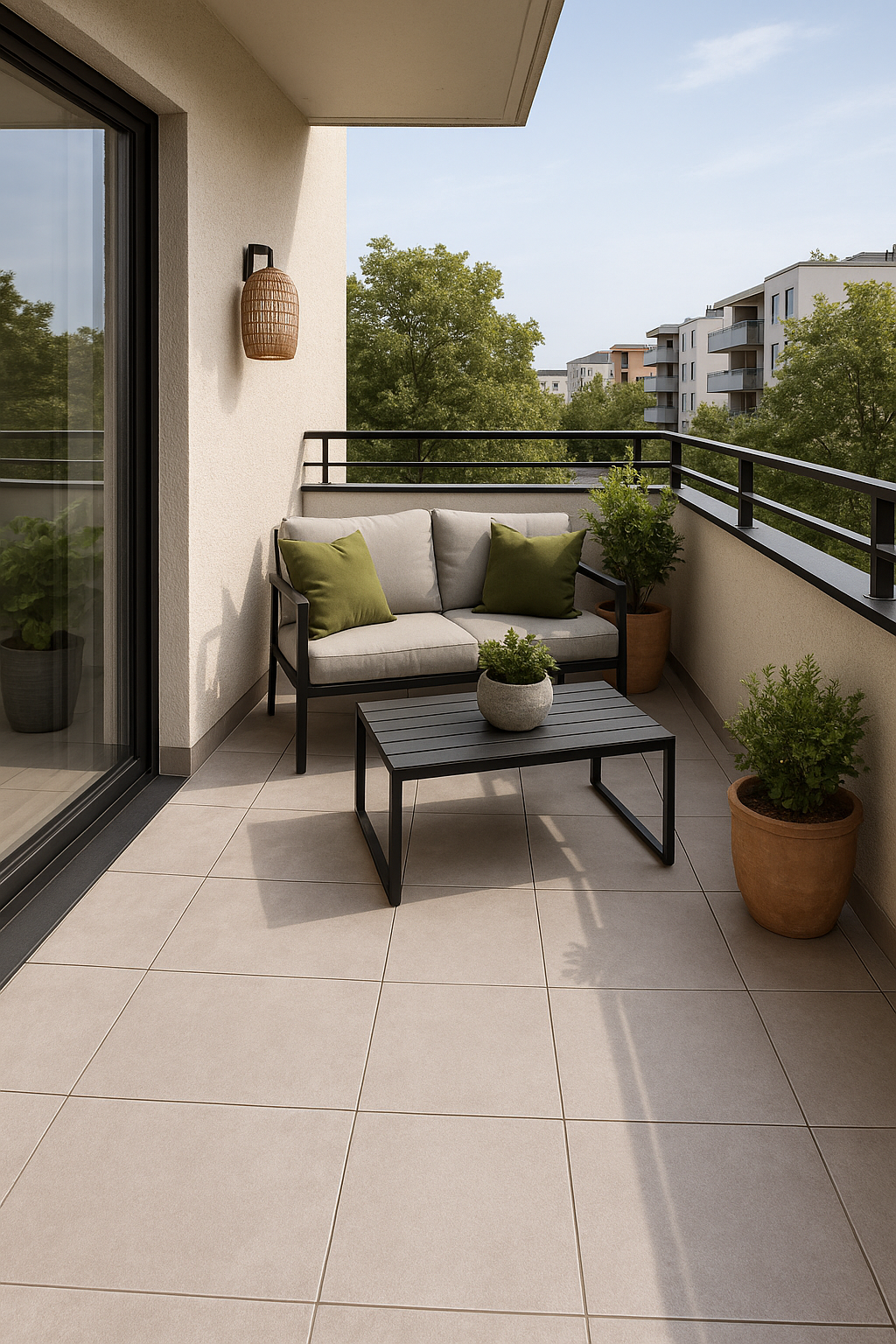 Urbaner Balkon mit hellen Fliesen